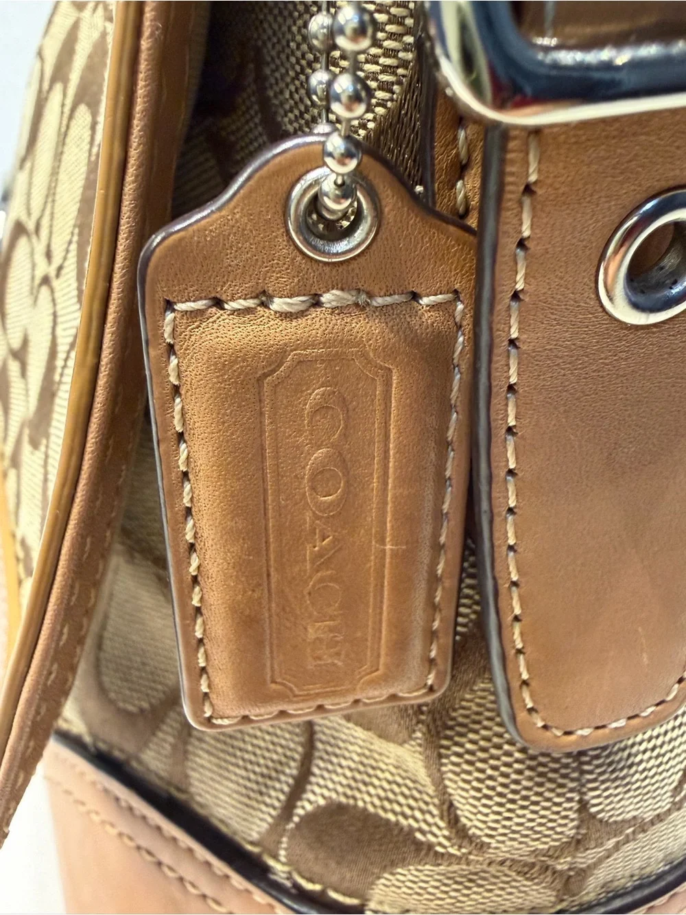 Y2K COACH Signature Jacquard Shoulder/ Crossbody Bag with Khaki/Caramel Trim